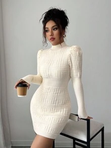 Elenzga Vestido de suéter de mujer con cuello alto, elegante, de Body ceñido, con textura acanalada y cintura acanalada - Albaricoque - Ver 3
