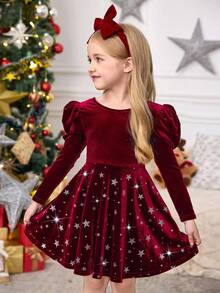 SHEIN Young Girl Burgundy Autumn Glitter Star Print Velvet Dress,Long Sleeves Cake Dress For 7th Birthday,Vintage Princess Wedding Christmas Party Wear - Burgundy - View 2