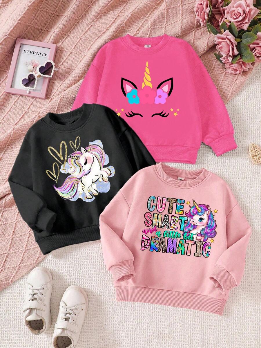 SHEIN 3件套女童卡通动物独角兽图案圆领卫衣,休闲时尚设计,适合年轻女孩穿着。可爱女童卫衣,独角兽女童卫衣,可爱女童卫衣,独角兽女装,独角兽卫衣,秋冬款 - 彩色 - 查看 1