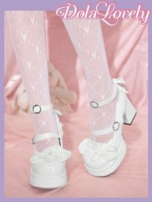 Dola Lovely 女士白色高跟玛丽珍鞋，带绑带，防水台，洛丽塔哥特甜美 JK 风格蝴蝶结浅口鞋，适合万圣节、圣诞节 - 白色 - 查看 4