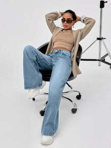 SHEIN Tall 100% Cotton LOW RISE WIDELEG CUT VINTAGE WASH Y2K BAGGY JEANS TALL - Baby Blue - View 4