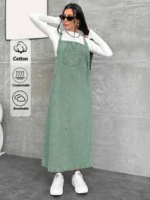 EURMUSE WOMEN LONG DENIM DRESS POCKET DETAILED - Mint Green - View 3