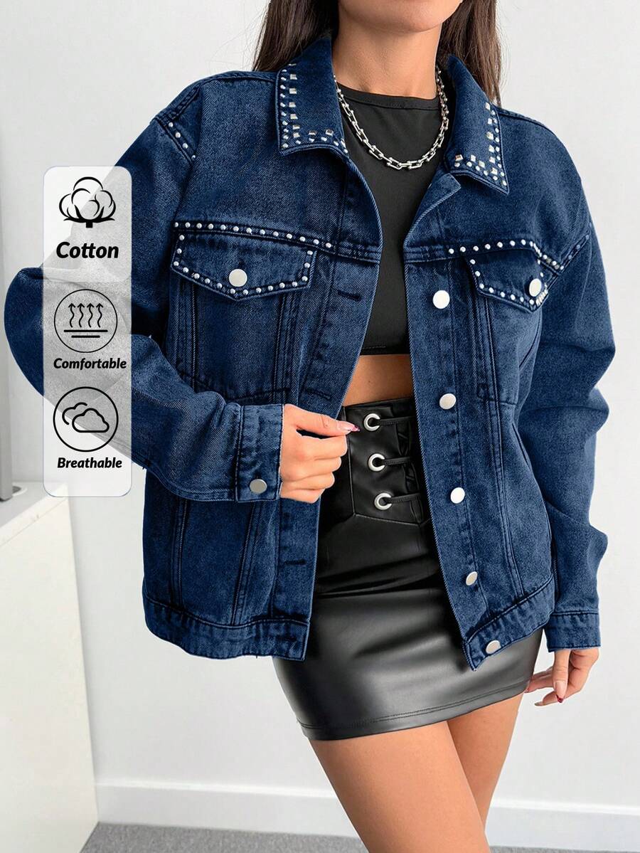 EURMUSE Stud Detailed Regular Fit Denim Jacket - Dark Wash - View 1