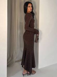 Glamine 简约优雅棕色圆领开衫，带金属纽扣，女式长袖针织上衣，修身美人鱼下摆蓬松针织长裙 2 件套，适合姐妹聚会、正式晚宴和派对服装，秋季，女式秋季服装，冬季，女式冬季毛衣，冬季套装，万圣节，女式万圣节服装，圣诞节，圣诞毛衣，沙特国庆节，婚礼，棕色，优雅，别致，乡村，针织长袖上衣，不对称女式裙子巧克力棕色连衣裙棕色紧身连衣裙 - 棕色 - 查看 2