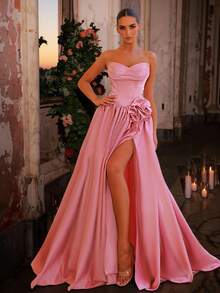 Glamrae Elegant Satin Strapless Asymmetric Ruffle Beaded Luxurious A-Line High Slit Maxi Dress,Suitable For Dates,Graduations,Weddings,Formal Occasions,Gala - Dusty Pink - View 3