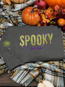 INAWLY Sudadera bordada "TEMPORADA DE MIEDO", Sudadera bordada, Sudadera de Halloween, Cuello redondo de temporada de miedo, Cuello redondo de Halloween, Sudadera de Halloween - Gris Oscuro - Ver 3