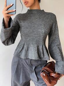 Siren Gaze Women's Grey Stand Collar Cinched Waist A-Line Sweater, Autumn/Winter,Fashionable Winter Women's Clothing, Autumn And Winter Sweaters, High-Smart Style Wea Casual - Grey - View 6