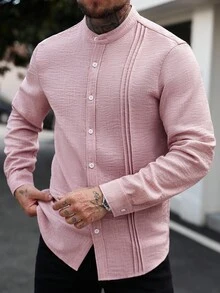 Manfinity Homme Áo sơ mi nam tay dài màu trơn, họa tiết đơn giản, nhăn, họa tiết trơn, chất liệu vải dày dặn, nhẹ nhàng, trưởng thành, mặc đi làm, cài nút, mùa thu - Màu Hồng baby - Xem 5