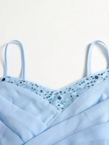 SHEIN Pitira 少女蓝色水晶缎面亮片亮片腰部喇叭形 A 字形摆领派对礼服，优雅正式礼服 - 藍色 - 查看 5