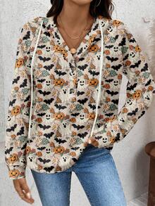 EMERY ROSE Women's Plus Size Halloween Ghost, Bat, Pumpkin Print Sweatshirt, Elegant Vintage Holiday Style, Warm Fleece, Plus SizeIn Fall/Winter - Multicolor - View 3