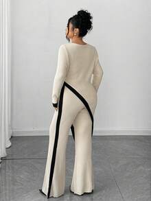 Elenzga 杏色针织套装，侧边镂空+撞色条纹，性感又别致 - 彩色 - 查看 2