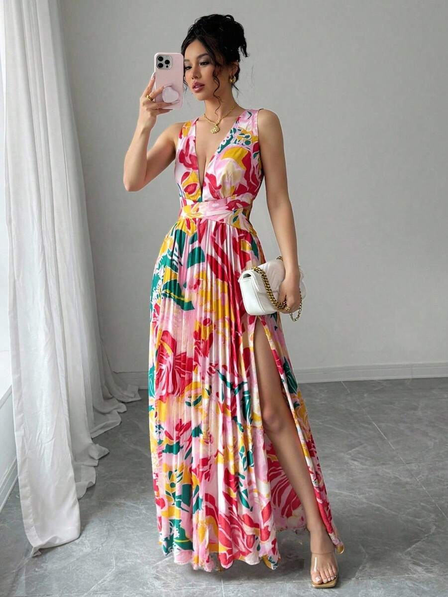 Elenzga Sleeveless Ditsy Floral Music Festival Plunging Neck Open Slit Ruched Hem Sexy Vacation Dress For Women - Multicolor - View 1