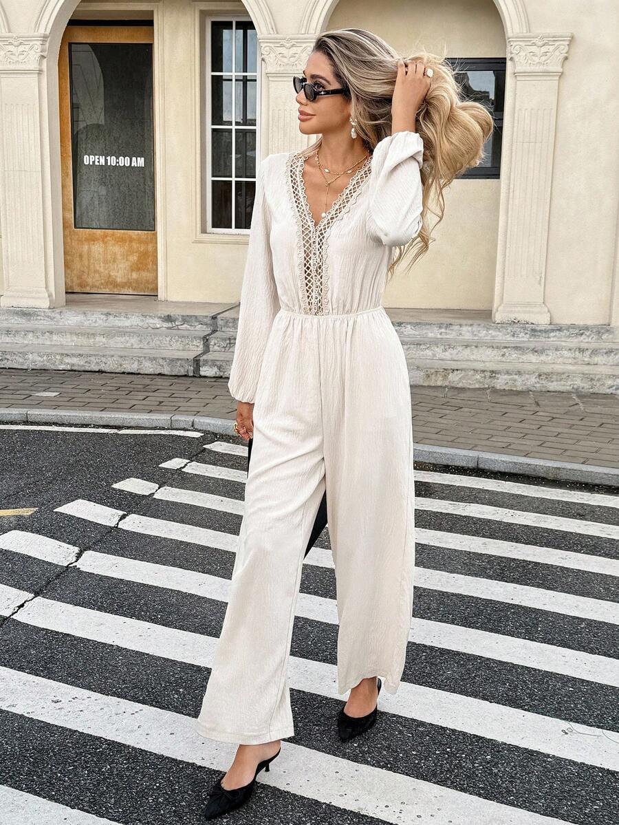 SHEIN Frenchy Bộ đồ liền thân dài tay màu trơn đơn giản có dây rút phía sau dành cho nữ - Màu be - Xem 1