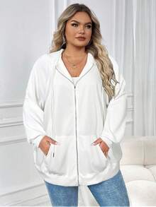 SHEIN CURVE+ Felpa con cappuccio con chiusura lampo e maniche a raglan, con coulisse, top autunnale, abbigliamento autunnale da donna taglia comoda