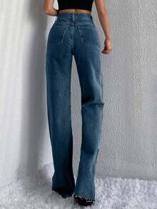 SHEIN Tall 100%纯棉高腰毛边阔腿牛仔裤 - 霧霾藍 - 查看 4