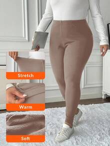 SHEIN LUNE Women's Solid Color Skin-Friendly Comfortable Slim Fit Thermal Lined Leggings, Plus Size Slim Fit Leggings Warm Leggings Short Leggings For Women Thermal Lined Leggings Cozy Leggings Cozy Bottoms For Women