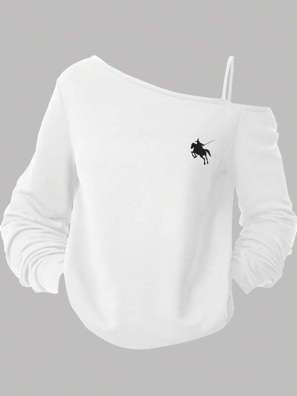 Girlism Teen Girls Casual Asymmetric Shoulder Strap Long Sleeve T-Shirt, Suitable For Summer, Casual, Sports, School Off The Shoulder T Shirt Girls Off Shoulder White Sweatshirt White Long Sleeve White Teen Tops White Off Shoulder White Long Sleeve Top Fall Winter