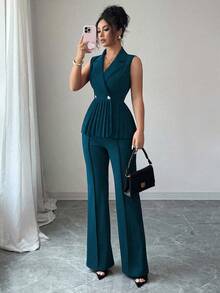 Selianne 2 piezas Conjunto de traje elegante y romántico de mujer con pliegues y línea A sin mangas - Agua verde azul - Ver 1