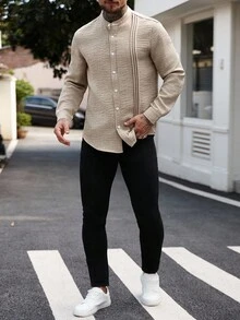 Manfinity Homme 男士休閒商務通勤純色長袖鈕扣襯衫，紋理皺褶雙口袋輕便通勤鈕扣襯衫，秋季正式款 - 駝色 - 查看 4