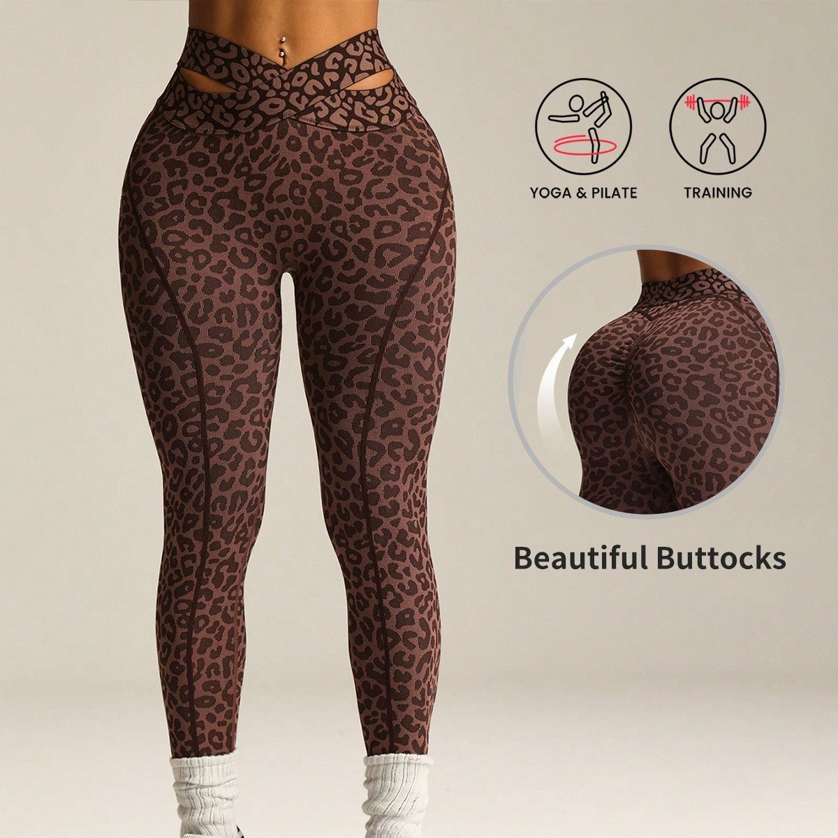 Pieza Mallas cortas de mujer sin costuras, sexy, con estampado de leopardo, cintura elástica, cruzada, acanalada, para correr, fitness, yoga y deport