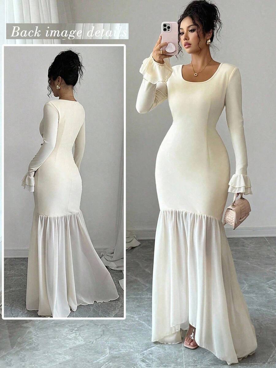 SHEIN Clasi Elegant Romantic Ruffle Sleeve Round Neck Waist Fitted ...