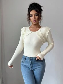 Elenzga Women's Elegant Romantic Ruffle Trim Crew Neck Sweater Fall Winter Cloth For Women - Apricot - View 3