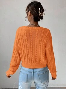 EMERY ROSE Women's Solid Color V-Neck Drop Shoulder Long Sleeve Casual Loose Knit Pullover Sweater - Coral Orange - View 2