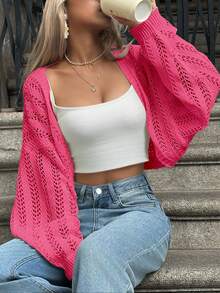 Damen Lässog Einfarbig Mesh Strick Fledermausärmel Cropped Leichte Strickjacke, Herbst, Cut-Out - Pink - Übersicht 6