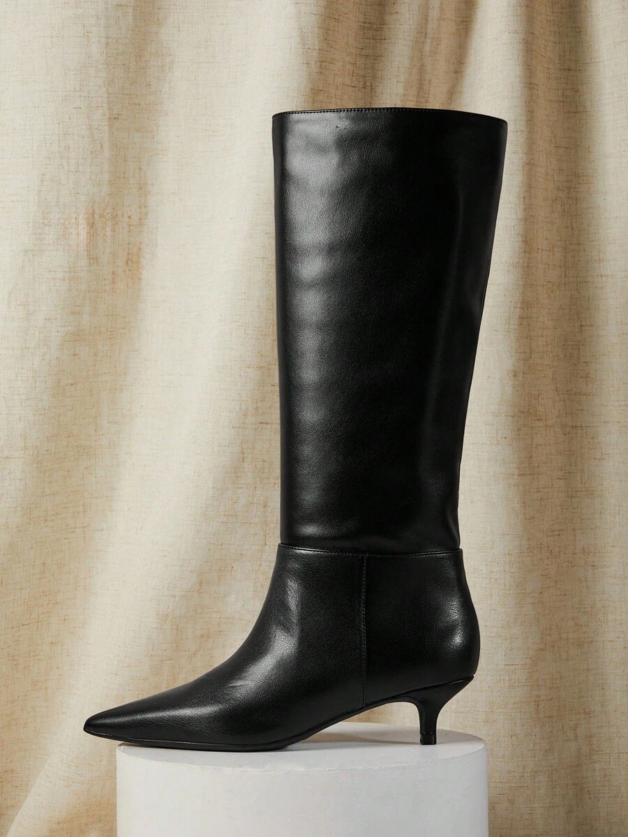 SHUZIA Women's Glamorous Sexy Pointed Toe Kitten Heel Knee-High Boots - Black - View 1