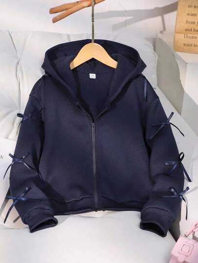 Sparklyn Chaqueta/abrigo para niñas preadolescentes, chaqueta de sudadera con lazo de unicolor y estilo de moda, tela de sudadera acolchada y cómoda, decoración de mangas con lazo, estilo juvenil y enérgico, adecuado para la temporada de regreso a clases u uso diario al aire libre en otoño e invierno