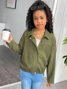 Tween Girl Plain Raglan Zip-Up Casual Versatile Jacket Fall Winter - Green - View 5