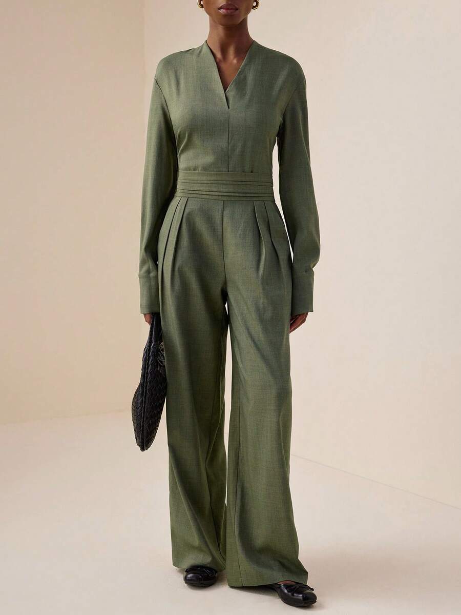 Vesra 经典长袖衬衫和阔腿裤套装 - 橄欖綠 - 查看 1