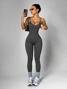 Easithlete 1 pieza Mono de mujer con cuello redondo y detalle de torsión, con lavado desgastado