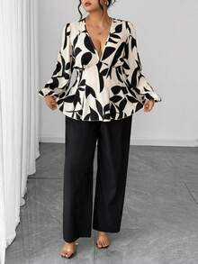 Elenzga Plus Size Women's Solid Color Leaf Print V-Neck Long Sleeve Ruffle Trim Elegant Blouse + Loose Casual Solid Color Pants 2 Pieces Set - Apricot - View 7