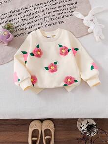 SHEIN Áo nỉ dễ thương thường ngày cho bé gái với họa tiết hoa móc 3D, họa tiết hoa màu hồng, áo vui tươi cho bé gái mùa thu - Màu be - Xem 1