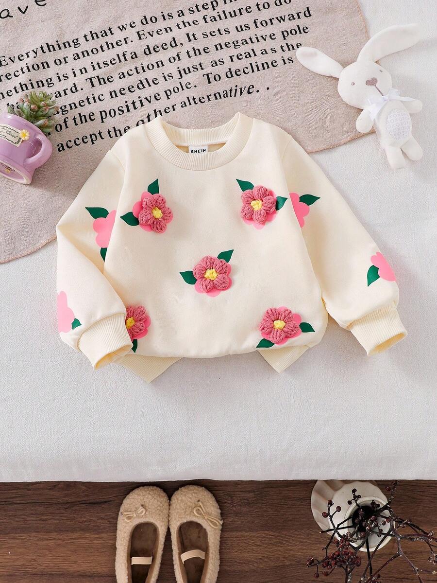 SHEIN Áo nỉ dễ thương thường ngày cho bé gái với họa tiết hoa móc 3D, họa tiết hoa màu hồng, áo vui tươi cho bé gái mùa thu - Màu be - Xem 1