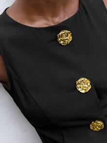 Maija 女士黑色金属花朵装饰设计夏季休闲连衣裙，无袖圆领公主剪裁侧口袋商务通勤优雅办公室女士服装，低调复古别致都市社交名媛节日派对时尚迷你连衣裙