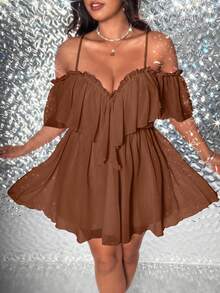 Viva Relle Plus Size Summer Elegant Off-Shoulder Ruffle Hem Dress - Brown - View 2