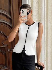 SHEIN Frenchy Chaleco de punto con ribete de contraste casual para mujer en otoño/invierno - Blanco - Ver 1