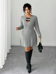 SHEIN Elenzya Women's Solid Color Bow Elegant Party Sweater Dress - Grey - View 3