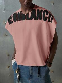 NEON BLANC Men's Street Style White Knitted Round Neck Letter Print Knit Tank Top, Suitable For Summer - Pink - View 2