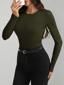 SHEIN Tall Solid Slim Fit Spring Women Bodysuit - Army Green - View 6