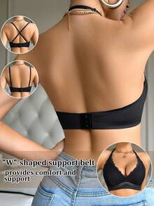 SHEIN 1pc Women's Lace Patchwork Wireless Bra - Black - View 2