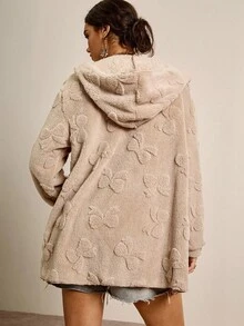 Freevana 大码女装优雅灰色连帽长款毛绒外套圣诞节女装秋冬加厚保暖外套秋冬加厚双层保暖夹克女装秋季几何图案双面连帽带口袋夹克 - 灰色 - 查看 2