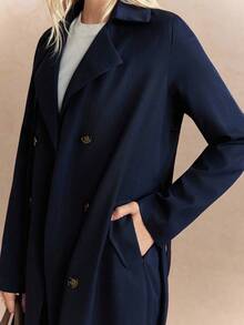 Écloséra 法国复古海军蓝条纹合身翻领原创面料腰带腰封斜口袋女式秋冬长袖风衣，带撞色蝴蝶印花衬里