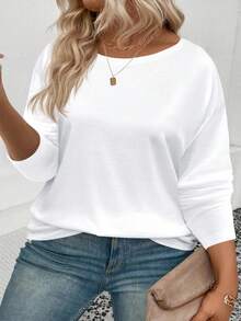 EMERY ROSE Women's Round Neck Long Sleeve All-Match Casual Plus Size T-Shirt, Suitable For Summer And Autumn - White - View 5
