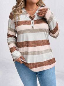 Plus Size Colorblock Striped Long Sleeve T-Shirt, Casual For Autumn Tees Women Tops For Spring - Khaki - View 3
