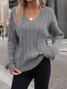 EMERY ROSE Plus Size Casual Loose-Fitting V-Neck Sweater With Twisted Knit For Warmth, Suitable For Winter, Vacation, Parties, Music Festivals, Home Wear, Back-To-School Events, As A Gift, And For Shopping. - Dark Grey - View 3