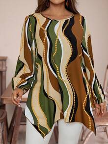 EMERY ROSE Plus Size Women's Black And Gold Wave Striped Crew Neck Long Sleeve Asymmetric Hem Blouse,Autumn Boho Vacation Country Style Fall Winter Clothes - Multicolor - View 3