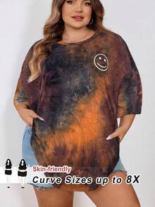 SHEIN CURVE+ Women's Tie Dye Printed Round Neck Short Sleeved T-Shirt In Plus Size For Summer/Plus Size T Shirtsummer/Country/Beach Vacation Outfits/Beach Outfits/Beach Wear
